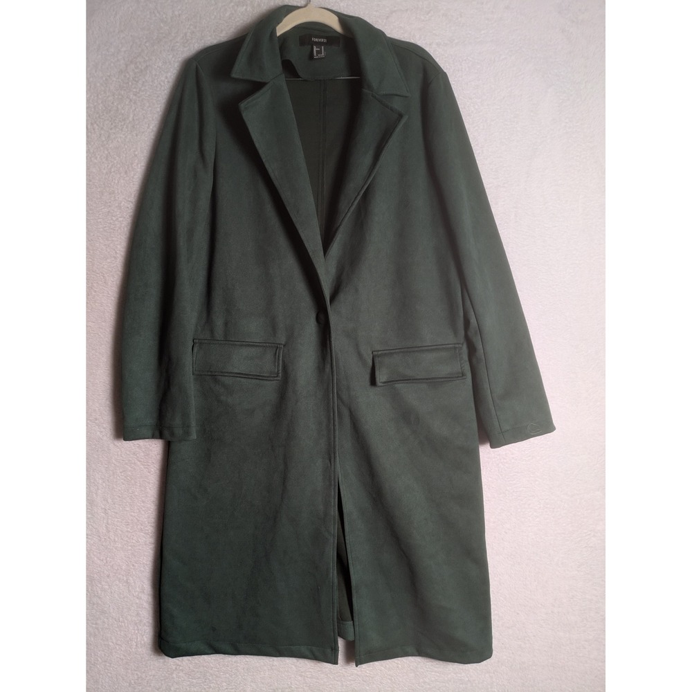 Forever 21 Duster Coat Women's Size M Dark Green Faux Suede
